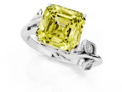 Fancy Yellow Asscher Cut Diamond Solitaire Twist Engagement Ring Set in Platinum with Pavé Leaf Accents