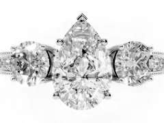 Pear Cut Diamond Three-Stone Ring Set in Silver with Round Side Stones and Pavé Band