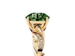 Fancy Green Round Cut Diamond Vine Band Solitaire Ring Set in Yellow gold with Milgrain Prong Setting