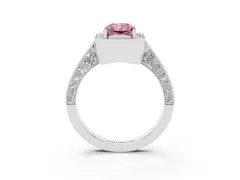Fancy Pink Radiant Cut Diamond Halo Engagement Ring Set in White gold with Accent Split Shank Band
