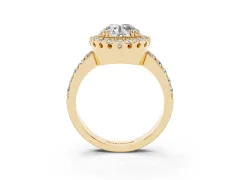 Round Cut Diamond Halo Ring Set in Yellow gold with Pavé Shank and Prong Setting