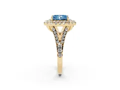 Fancy Blue Radiant Cut Diamond Double Halo Ring Set in Yellow gold with Pavé Split Shank and Prong Setting