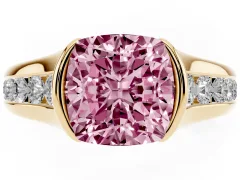 Fancy Pink Cushion Cut Diamond Bezel-Set Solitaire Ring Set in Yellow gold with Channel-Set Band