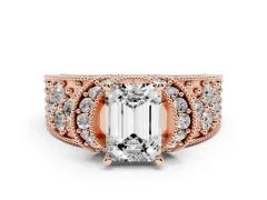 Emerald Cut Diamond Milgrain Halo Pavé Engagement Ring Set in Rose gold with Prong Setting