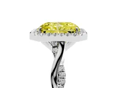 Fancy Yellow Radiant Cut Diamond Halo Twist Band Solitaire Ring Set in White gold with Prong Setting