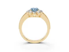 Fancy Blue Oval Cut Diamond Halo Pavé Engagement Ring Set in Yellow gold with Milgrain Detailing