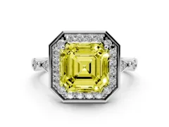 Fancy Yellow Asscher Cut Diamond Halo Engagement Ring Set in Platinum with Twisted Band and Prong Setting