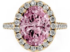 Fancy Pink Oval Cut Diamond Pavé Halo Engagement Ring Set in Yellow gold with Pavé Band and Prong Setting