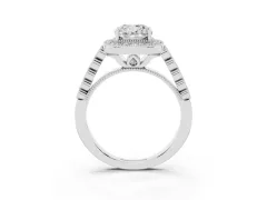 Cushion Cut Diamond Milgrain Halo Solitaire Ring Set in Platinum with Bezel Set Side Stones and Pavé Band
