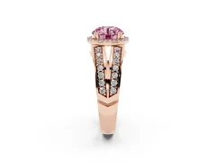 Fancy Pink Round Cut Diamond Halo Ring Set in Rose gold with Double Pavé Split Shank