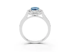 Fancy Blue Emerald Cut Diamond Halo Ring Set in Platinum with Pavé-Lined Shoulders and Prong Setting