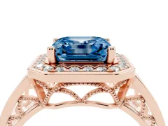 Fancy Blue Asscher Cut Diamond Halo Ring Set in Rose gold with Pavé and Bezel Accent Split Shank