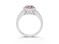 Fancy Pink Heart Cut Diamond Halo Ring Set in White gold with Pavé Shoulders and Halo-Framed Center