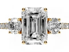 Emerald Cut Diamond Three-Stone Ring Set in Yellow gold with Pavé Band and Graduated Sides