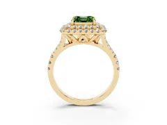 Fancy Green Asscher Cut Diamond Double Halo Ring Set in Yellow gold with Pavé Split Shank and Prong Setting