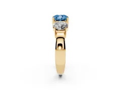 Fancy Blue Cushion Cut Diamond Three-Stone Ring Set in Yellow gold with Round Side Stones and Classic Band