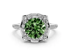 Fancy Green Round Cut Diamond Halo Ring Set in Platinum with Pavé-Lined Shoulders and Prong Setting