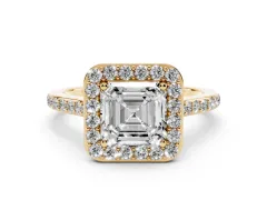 Asscher Cut Diamond Halo Engagement Ring Set in Yellow gold with Round Pavé Shoulders and Heart Gallery