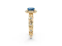 Fancy Blue Cushion Cut Diamond Halo Ring Set in Yellow gold with Filigree Leaf Band and Prong Setting