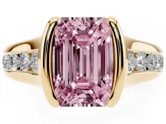 Fancy Pink Emerald Cut Diamond Bezel-Set Solitaire Ring Set in Yellow gold with Channel-Set Band