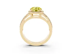 Fancy Yellow Round Cut Diamond Halo Ring Set in Yellow gold with Double Pavé Split Shank