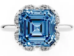 Fancy Blue Asscher Cut Diamond Round Cluster Halo Ring Set in Platinum with Solitaire Band and Prong Setting