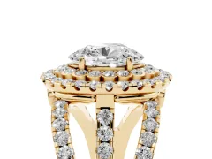 Oval Cut Diamond Double Halo Ring Set in Yellow gold with Round Pavé Split Shank