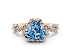 Fancy Blue Heart Cut Diamond Halo Twist Band Solitaire Ring Set in Rose gold with Prong-Set Center Stone