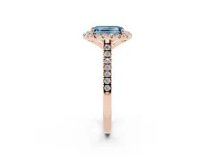Fancy Blue Emerald Cut Diamond Cushion Halo Ring Set in Rose gold with Pavé Band