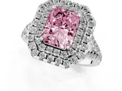 Fancy Pink Radiant Cut Diamond Double Halo Ring Set in Silver with Pavé Split Shank and Prong Setting