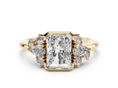 Radiant Diamond Cluster Side Stone Ring Set in Yellow gold with Pear and Round Side Stones