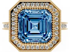 Fancy Blue Asscher Cut Diamond Halo Milgrain Pavé Band Ring Set in Yellow gold with Prong Setting