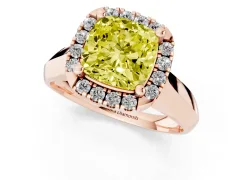 Fancy Yellow Cushion Cut Diamond Halo Solitaire Engagement Ring Set in Rose gold with Square Band and Prong Setting