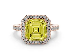 Fancy Yellow Asscher Cut Diamond Halo Ring Set in Rose gold with Pavé Shoulders and Halo-Framed Center