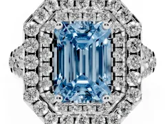 Fancy Blue Emerald Cut Diamond Double Halo Ring Set in White gold with Pavé Split Shank and Prong Setting