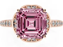 Fancy Pink Asscher Cut Diamond Halo Ring Set in Rose gold with Channel Set Band and Prong Setting