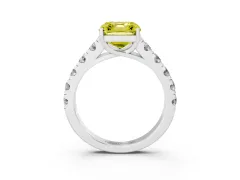Fancy Yellow Asscher Cut Diamond Solitaire Ring Set in Platinum with Cut-Down Micro Pavé Band and Prong Setting