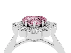 Fancy Pink Heart Cut Diamond Cluster Halo Ring Set in Platinum with Milgrain Bezel Accents and Plain Band