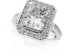 Radiant Cut Diamond Halo Ring Set in Silver with Accent-Lined Split Shank and Prong Setting