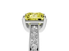 Fancy Yellow Princess Cut Diamond Solitaire Ring Set in White gold with Milgrain-Edged Pavé Band and Prong Setting