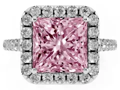 Fancy Pink Princess Cut Diamond Pavé Halo Engagement Ring Set in Platinum with Pavé Band and Prong Setting