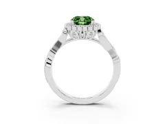 Fancy Green Cushion Cut Diamond Halo Ring Set in White gold with Leaf Motif Split Shank and Prong Setting