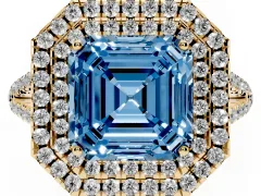 Fancy Blue Asscher Cut Diamond Double Halo Ring Set in Yellow gold with Pavé Band