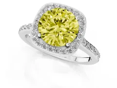Fancy Yellow Round Cut Diamond Halo Engagement Ring Set in White gold with Round Pavé Shoulders and Heart Gallery