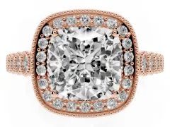 Cushion Cut Diamond Milgrain Halo Solitaire Ring Set in Rose gold with Bezel Set Side Stones and Pavé Band