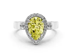 Fancy Yellow Pear Cut Diamond Halo Ring Set in Platinum with Pavé-Lined Split Shank Band