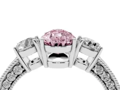 Fancy Pink Pear Cut Diamond Three-Stone Ring Set in White gold with Round Side Stones and Pavé Band