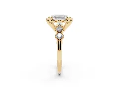Emerald Cut Diamond Floral Halo Ring Set in Yellow gold with Shared Prong Band