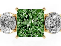 Fancy Green Princess Cut Diamond Three-Stone Ring Set in Yellow gold with Round Side Stones and Classic Band