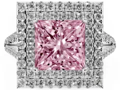 Fancy Pink Princess Cut Diamond Double Halo Ring Set in White gold with Pavé Band